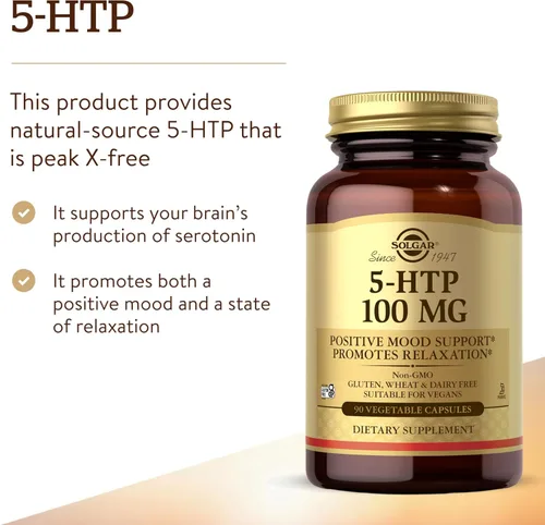 Miniatura 3 de Solgar 5-HTP 100 mg, 90 cápsulas vegetales - Promueve la relajación - Apoyo positivo al estado de ánimo y estrés - Sin OMG, vegano, sin gluten, sin