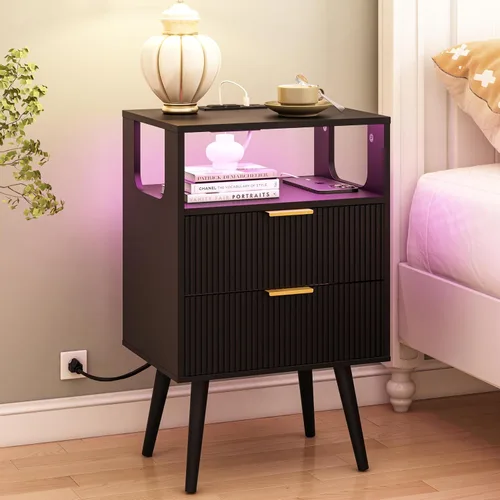 JOONEE - Mesita de noche negra con estación de carga y luces LED, mesa de noche moderna con 2 cajones de almacenamiento y estante de madera abierto,