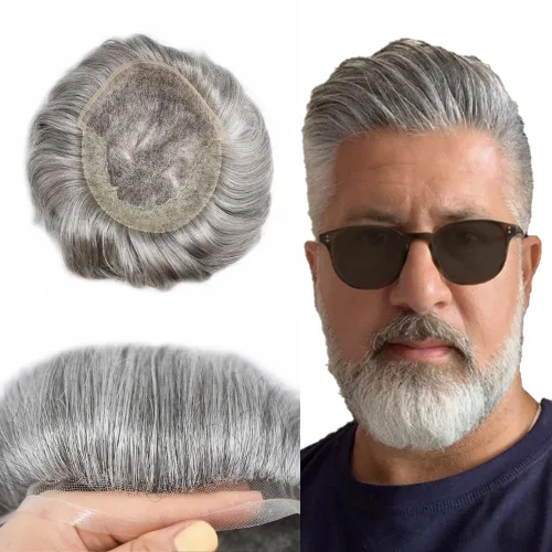 Mens Toupee Swiss Lace Mens Hair Piece Sistema de reemplazo de cabello para hombres Toupee para hombres Cabello humano nudo blanqueado protesis