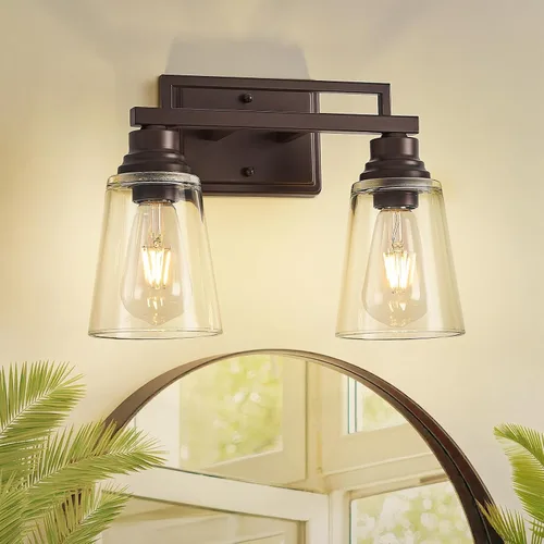 Refice Luces de tocador de baño sobre espejo, lámparas de baño de 2 luces de bronce aceitado con pantallas de vidrio transparente para espejo, sala