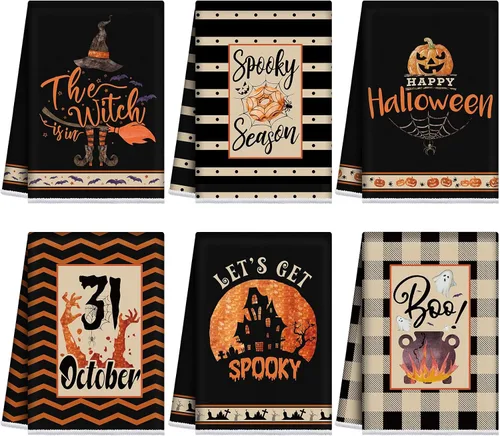 Miniatura 12 de Ganeen Juego de 6 toallas de mano de Acción de Gracias con texto en inglés «Hello Fall» en blanco y negro, vintage, calabaza, camión, motero