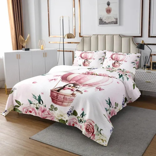 Miniatura 2 de Manfei Lindo pingüino para niños, tamaño individual, juego de colcha de princesa con lazo rosa con globo aerostático, decoración de habitación