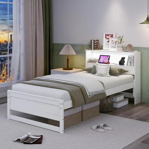 Miniatura 10 de Giantex Base de cama individual con cabecera de almacenamiento, plataforma de madera con estación de carga y luz LED, cama individual con soporte