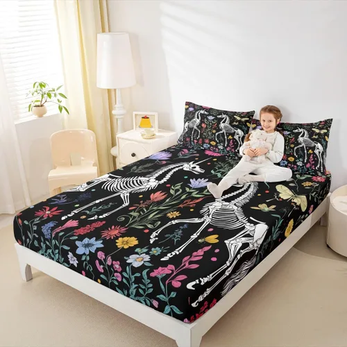 Miniatura 2 de Erosebridal Sábanas de cama de polilla de la muerte, sábana bajera ajustable de calavera gótica, tamaño individual, sábanas florales de flores