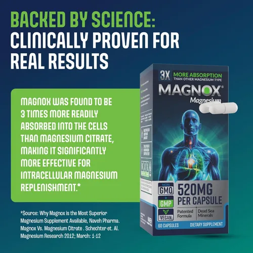 Miniatura 9 de MAGNOX® 520 Suplemento de magnesio de 520 mg de magnesio de alta absorción para hombres y mujeres con minerales del mar muerto 3 veces más
