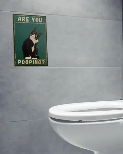 Miniatura 2 de ALKB Letrero de baño con diseño de gato esmoquin, divertido letrero de metal de 8 x 12 pulgadas – Are You Pooping – Decoración de pared de gloria