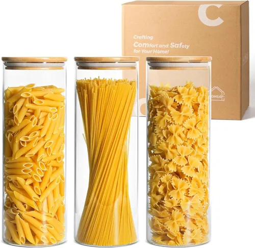 ComSaf - Juego de 3 recipientes de almacenamiento de pasta de espagueti de vidrio con tapas, 2 cuartos de galón, recipiente alto hermético