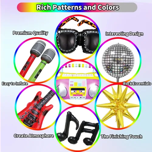 Miniatura 4 de JOGAMS Decoraciones de fiesta de los 80 y 90 165 piezas Globos con guitarra inflable retro, micrófono, anteojos, nota musical, globos de bola