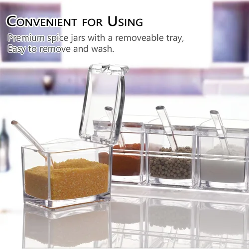 Miniatura 4 de V·RESOURCING Caja de condimentos transparente, 3 piezas de recipientes de especias con soporte para condimentos, sal y azúcar, con 3 cucharas