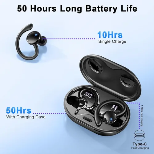 Miniatura 5 de Auriculares inalámbricos, Bluetooth 5.4 deportivos, sonido de graves profundos de 50 horas con 4 micrófonos ENC con cancelación de ruido, pantalla