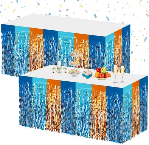 Miniatura 10 de Morcheiong Paquete de 2 faldas de mesa de oropel de papel de aluminio rosa de 29.5 x 108 pulgadas, para mesas rectangulares, cortina de fondo