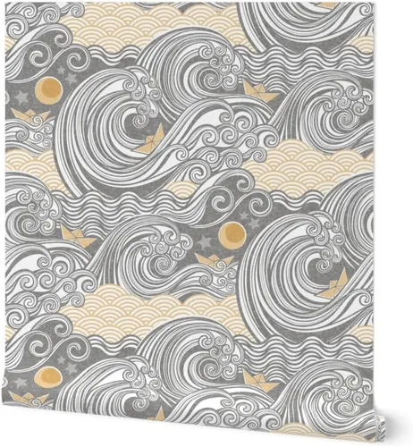Spoonflower Papel tapiz para despegar y pegar, diseño de bloques de aventura marina, olas, origami, barco, náutico, japonés, papel pintado extraíble