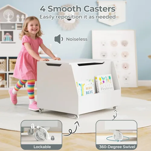 Miniatura 3 de Costzon Caja de juguetes para niños, organizador de almacenamiento de juguetes móvil de madera con estantería y ruedas con cerradura para niñas