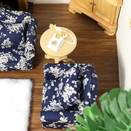 Miniatura 4 de Sofá de casa de muñecas con almohada, sofá miniatura a escala 1 y 12, muebles de sala de estar, marco de tela de madera, silla de lectura Azul