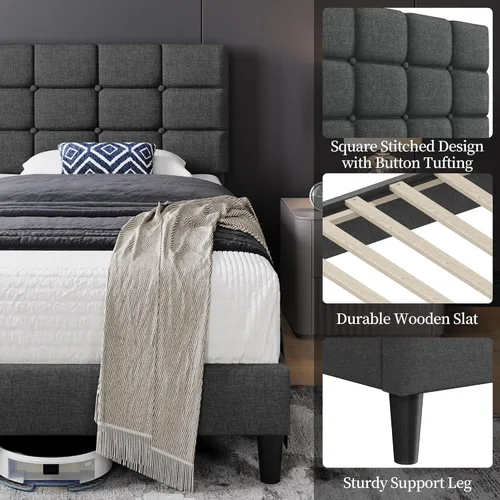 Miniatura 5 de Yaheetech Upholstered Bed Frame, Modern Twin Bed Platform with Square Stitched&Button Tufting Headboard Height Adjustable, Wooden Slats Support, No