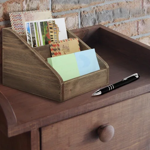 Miniatura 3 de Organizador de correspondencia/Organizador de escritorio de oficina clásico y rústico de madera oscura con 4 compartimientos