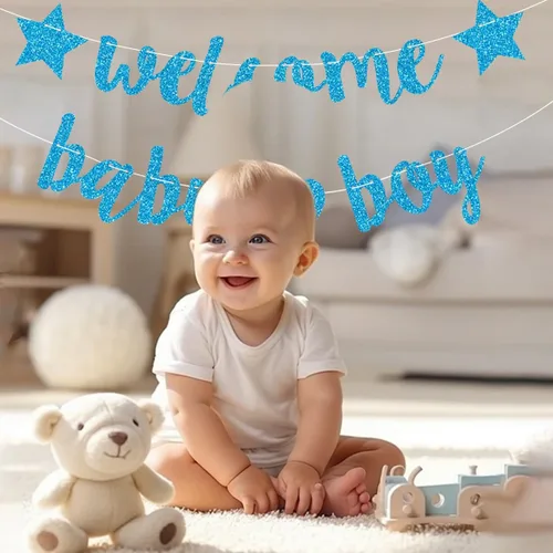 Miniatura 4 de Decoraciones de baby shower para niños, pancarta de bienvenida con purpurina, banderines colgantes para fiesta de cumpleaños de recién nacidos, Azul
