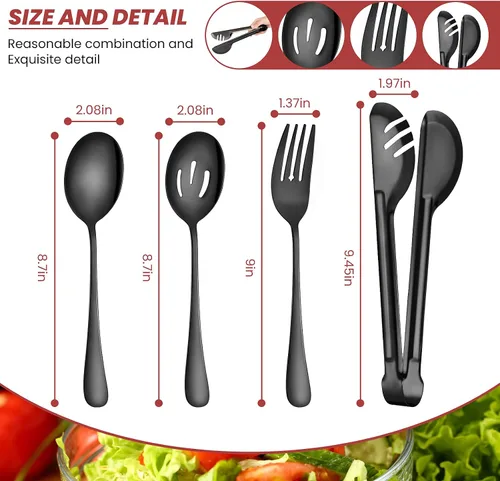 Miniatura 2 de Patelai Juego de 8 utensilios de acero inoxidable negro para servir, cucharas grandes de 8.7 pulgadas y cuchara ranurada, tenedores de 9.45