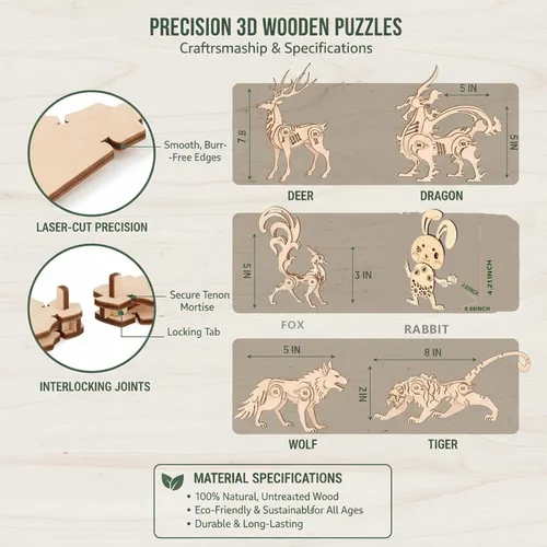 Miniatura 6 de Rompecabezas de animales de madera 3D, kit de manualidades de montaje para adultos, adorno hecho a mano pintable, decoración creativa para el hogar