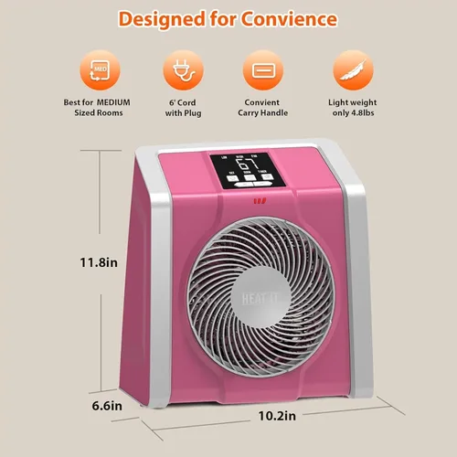 Miniatura 8 de HEATIT Calentador de espacio para interiores, pantalla digital con termostato, temporizador de 1-12 horas, modo de ventilador, 1500 W/750 W, Rosa