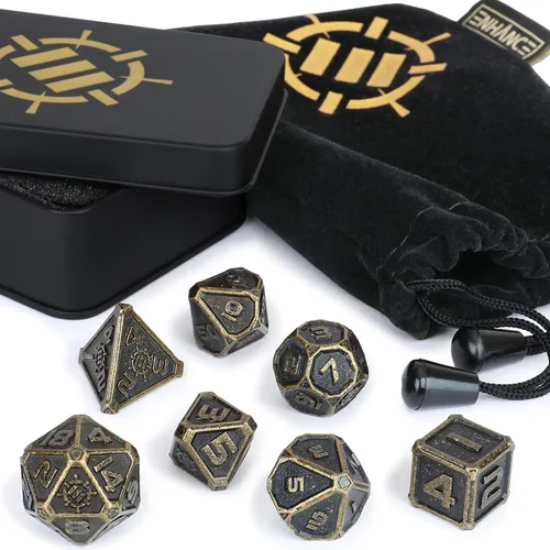 ENHANCE DND - Juego de dados de metal, 7 dados poliédricos con estuche de almacenamiento y bolsa con cordón, juego de metal sólido para Calabozos y