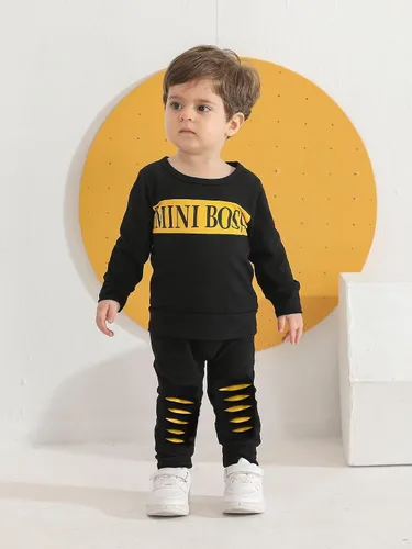 Miniatura 2 de Conjunto de 2 piezas de sudadera con estampado de letras de manga larga y pantalones para bebé niño