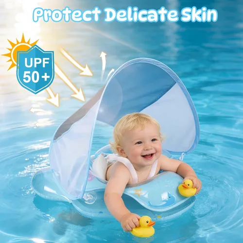 Miniatura 3 de Flotador de piscina para bebé con toldo de protección solar UPF50+, flotador inflable para bebé con asiento de seguridad ajustable para niños de 6 a