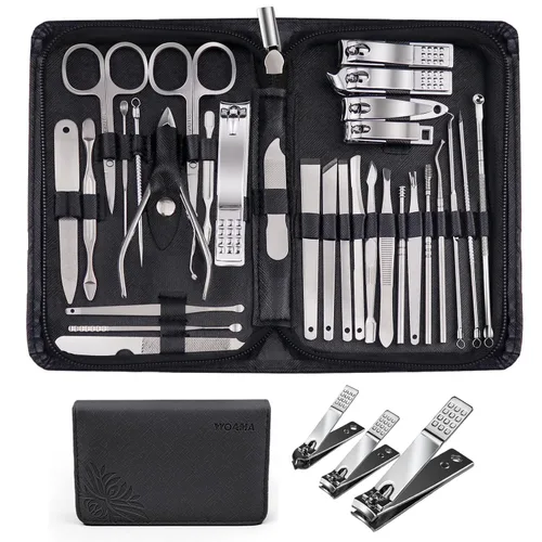 WOAMA - Juego profesional de manicura con 30 piezas de acero inoxidable de color plata en estuche negro Plateado