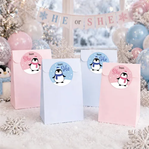 Miniatura 7 de Waddle It Be? Pegatinas de fiesta de revelación de género de pingüino, equipo él o equipo ella, rosa o azul, 40 unidades 1.75" Round, 20 Team He