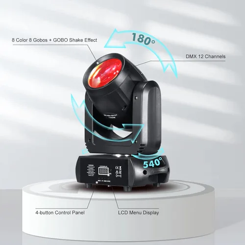 Miniatura 4 de Luz de cabeza móvil de 150 W, luces de escenario, 8 gobos, 8 colores, 12 canales, focos de haz de 18 caras, prisma DMX 512 con activación por sonido