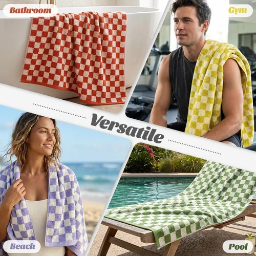 Miniatura 5 de Jacquotha Juego de 4 toallas de baño a cuadros 100% algodón para baño, ducha, piscina y playa (morado, amarillo, verde, naranja), 520 GSM