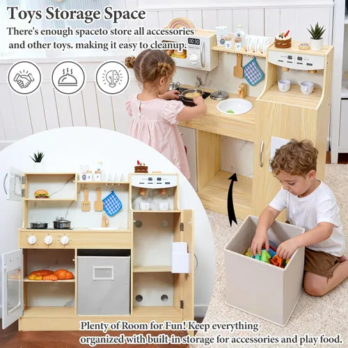 Miniatura 4 de inFUNSAME Cocina de juego de madera para niños pequeños de 3 a 5 años con sistema de almacenamiento y 18 piezas, juego de regalo de cocina compacto