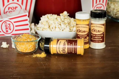 Miniatura 6 de Amish Country Popcorn Paquete variado de condimentos 6 oz BallPark Style ButterSalt - 5.1 onzas de queso cheddar y 5 onzas de condimento de crema