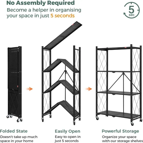 Miniatura 6 de DEANIC Estantes de almacenamiento plegables de 4 niveles con ruedas, estantería de gran capacidad, estante de alambre de metal independiente, Negro
