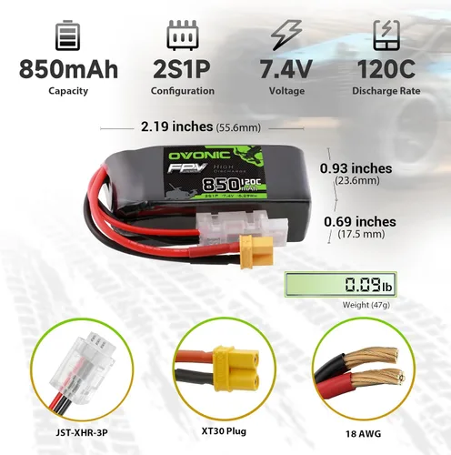 Miniatura 2 de OVONIC Batería Lipo 2S 850mAh 7.4V 120C Batería con enchufe XT30 para RC Car Truck RC Vehículos RC Barco Drone RC Avión Quadcopter Helicóptero FPV