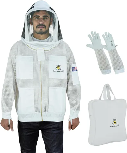 Miniatura 6 de 3-Layer Ventilated Mesh Bee Jacket for Men & Women with Veils Sting-Proof Beekeeping Jacket with Leather Gloves & Bag Marrón
