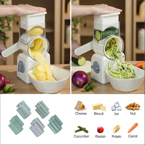 Miniatura 4 de Rallador giratorio de queso con manivela, 5 cuchillas intercambiables para cortar verduras, base fuerte de ventosa para un uso seguro, extraíble