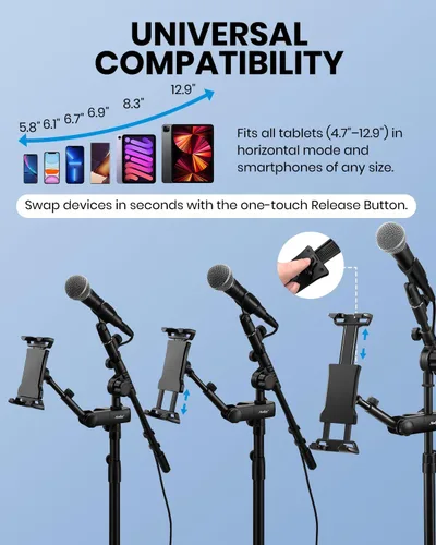 Miniatura 3 de Moukey Soporte ajustable para tablet con clip para teléfono compatible con soporte de micrófono y soporte de música, compatible con todos los iPad