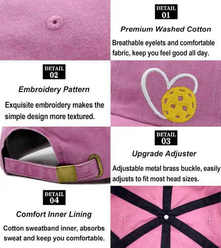 Miniatura 6 de Sombrero de pickleball para mujeres y hombres, gorra de béisbol ajustable con corazón bordado