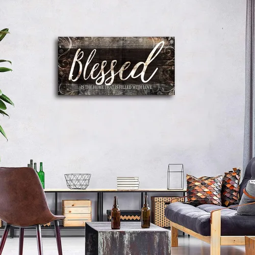 Miniatura 2 de MESESE Arte de pared en lienzo con cita para el hogar bendecido Decoración de pared marrón para sala de estar Blessed is the home Christian Wall