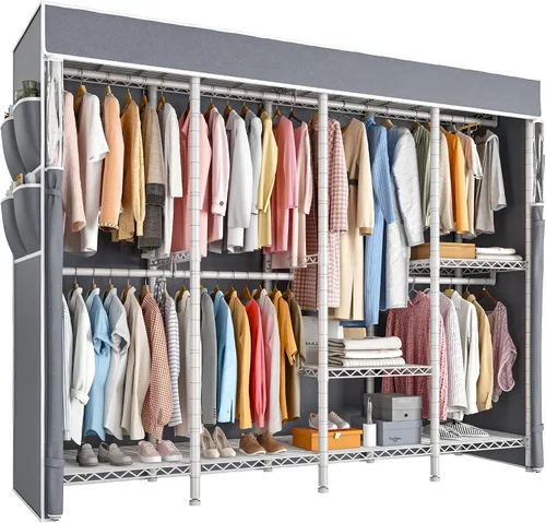 Miniatura 11 de Raybee Perchero de ropa con cubierta, perchereros para colgar ropa resistente, armario portátil con estantes, ajustable, carga de 905 LBS, negro