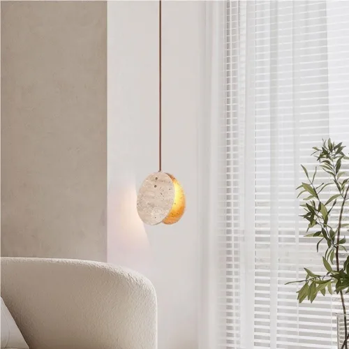 Miniatura 4 de Farmhouse Pendant Lights Fixtures Mini Natural Yellow Travertine Hanging Lamp Japanese Wabi-Sabi Height Adjustable Chandelier for Living Room