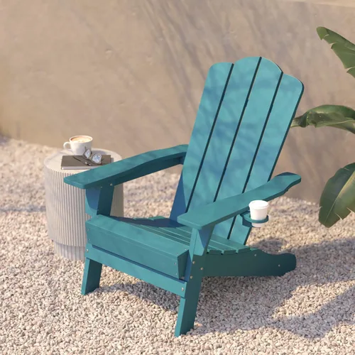 Miniatura 6 de Flash Furniture Newport Adirondack - Silla Adirondack con soporte para tazas, silla Adirondack de poliresina resistente a la intemperie, color azul