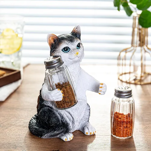Miniatura 3 de Juego de salero y pimentero de resina con soporte y tarros de especias de cristal, decoración de cocina para amantes de los gatos, figura de gato