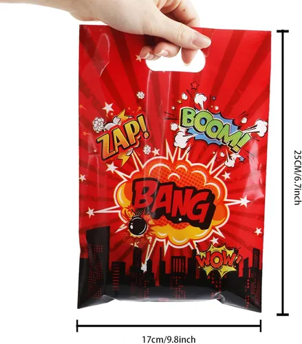 Miniatura 2 de 50 bolsas de regalo de héroe con temática de héroe de feliz cumpleaños, bolsas de regalo de héroe de acción de héroe, bolsas de regalo de plástico