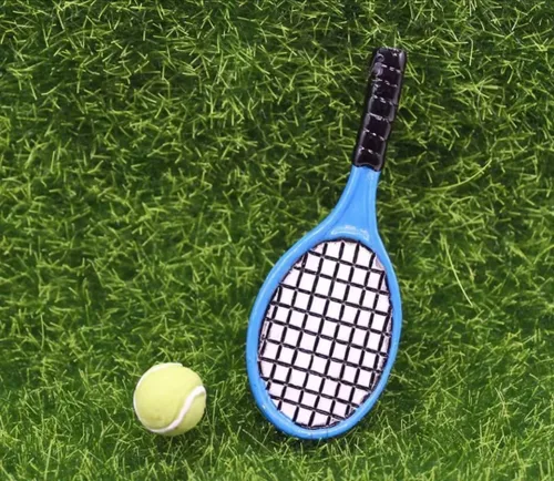 Miniatura 5 de Juego de raquetas de tenis en miniatura azul y verde, accesorios a escala 1/12, juego de mini raqueta, tenis pequeño
