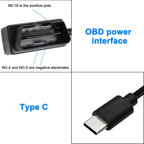 Miniatura 3 de XMSJSIY Cable de alimentación OBD para cámara de tablero tipo C OBD2 adaptador de cable de alimentación Cable de carga de cable duro con conector