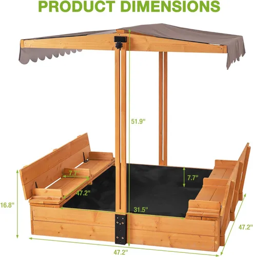Miniatura 7 de GUTINNEEN Caja de arena de madera con toldo ajustable, caja de arena para niños al aire libre con bancos plegables, forro de arena, techo retráctil
