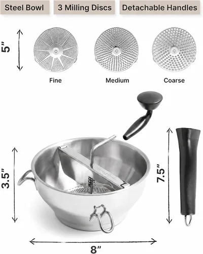 Miniatura 7 de Molino de alimentos de acero inoxidable con asas desmontables – Molino de manivela para comida de bebé, salsa de tomate y puré de papas – Incluye 3