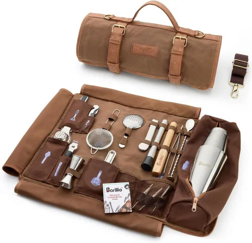 Miniatura 9 de Barillio Bolsa de Kit de Barman con Juego de Coctelera Negra – Lona Encerada, Bolsa de Herramientas de Bar de Viaje con Kit de Cóctel de 17 Piezas